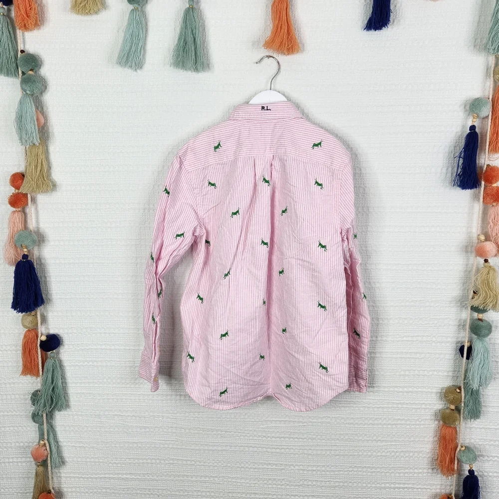Ralph Lauren Pink Striped Shirt with Green Grasshopper Embroidery